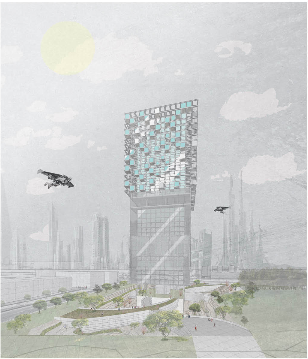 Futuristic rendering of the 10x10 Future Factory rising above the urban landscape.