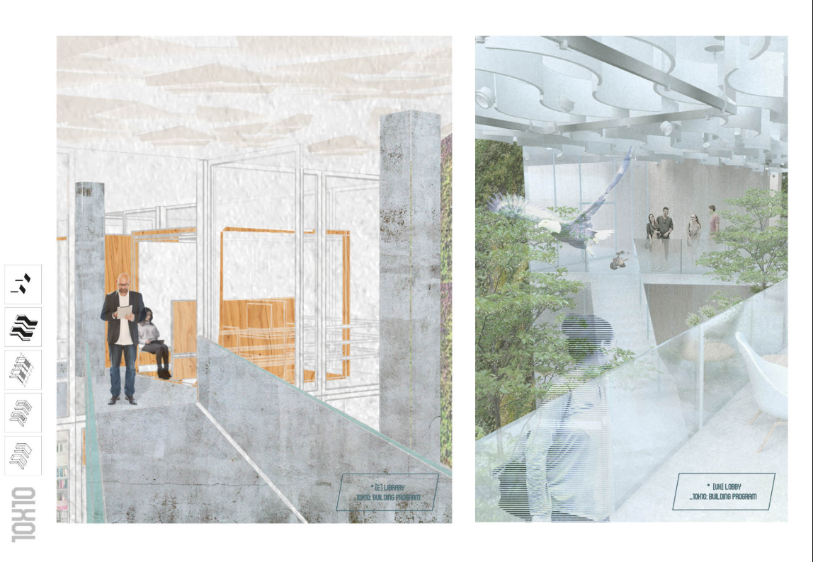 Interior views of the library and lobby, blending nature and community within vertical architecture.
