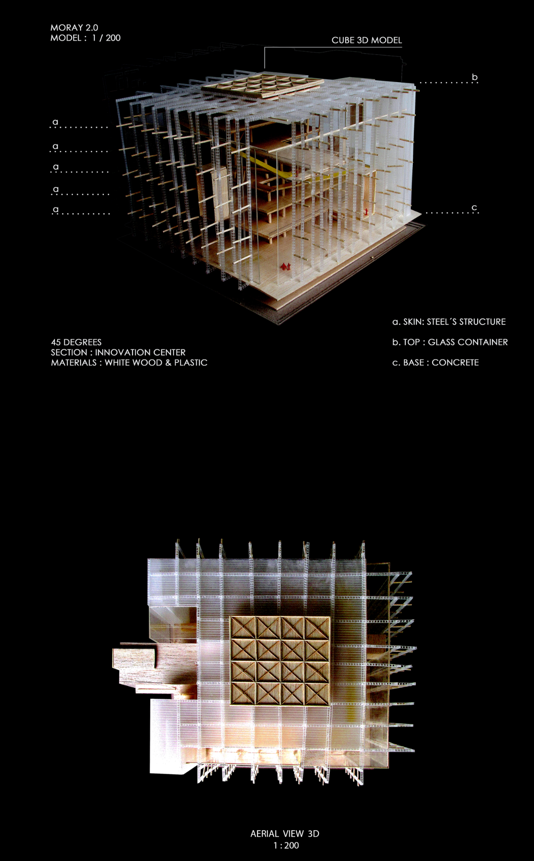 Scale model highlighting structural grids, materials, and conceptual cube design.