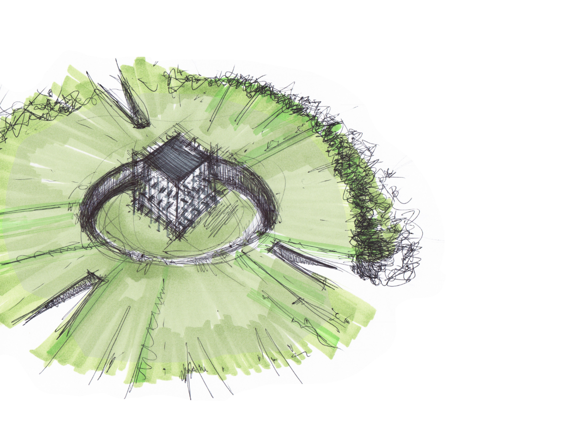 Early design sketch illustrating the cube within a circular green landscape.