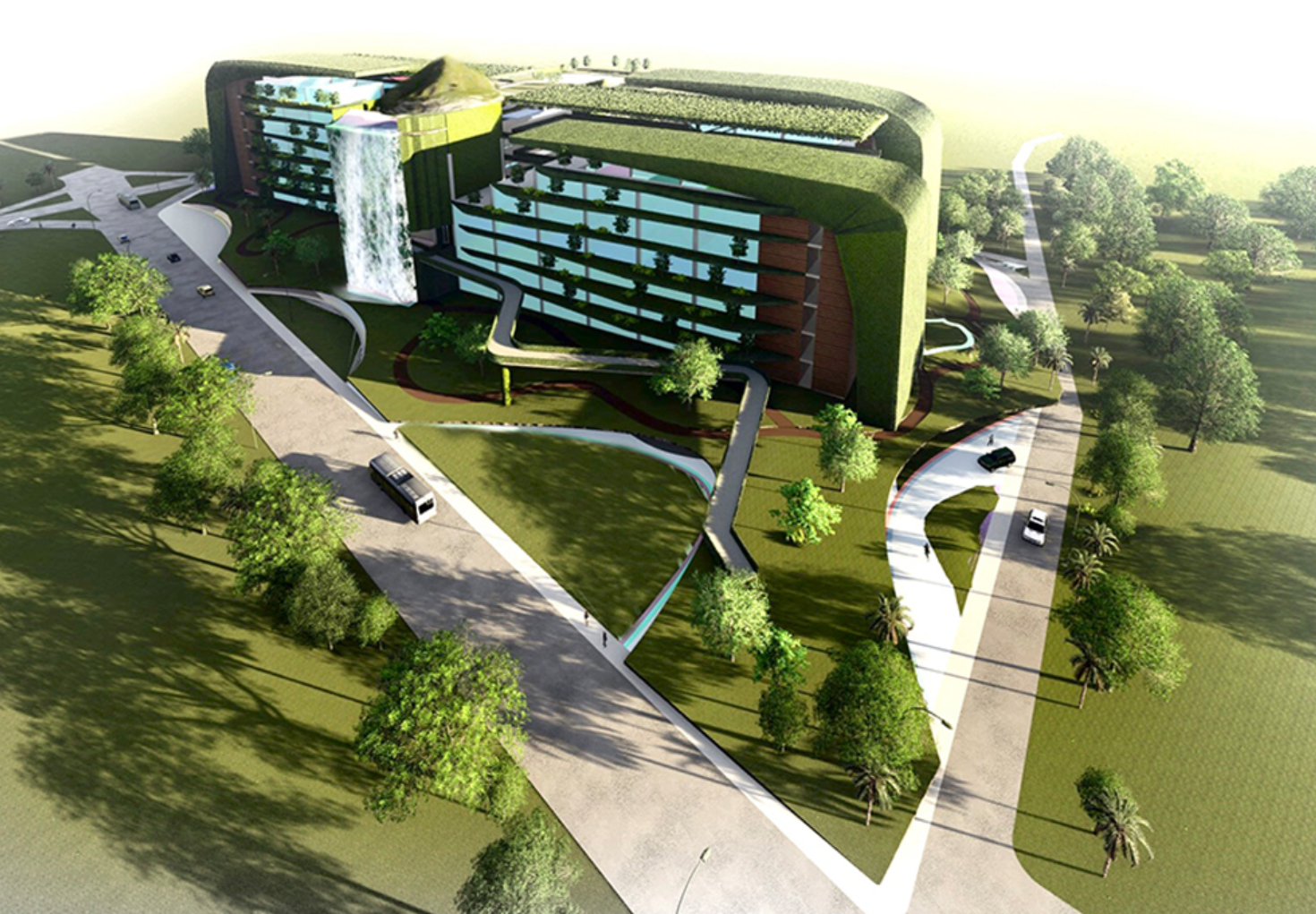 Elevated pedestrian pathways connect workspaces with lush landscapes and social areas.