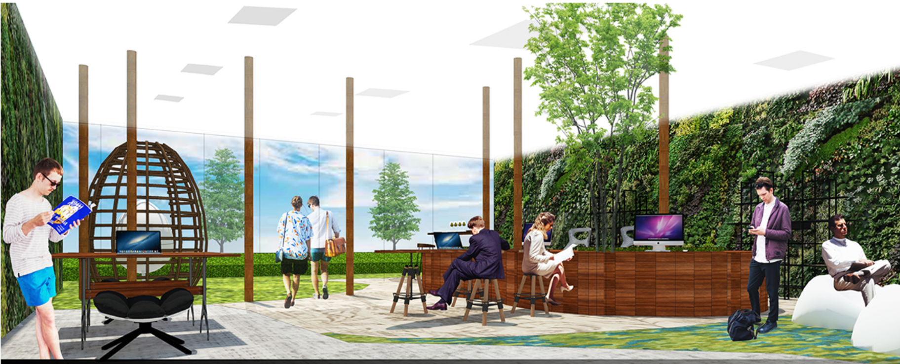 Vertical gardens, rooftop greenery, and waterfall features redefine sustainable office design.