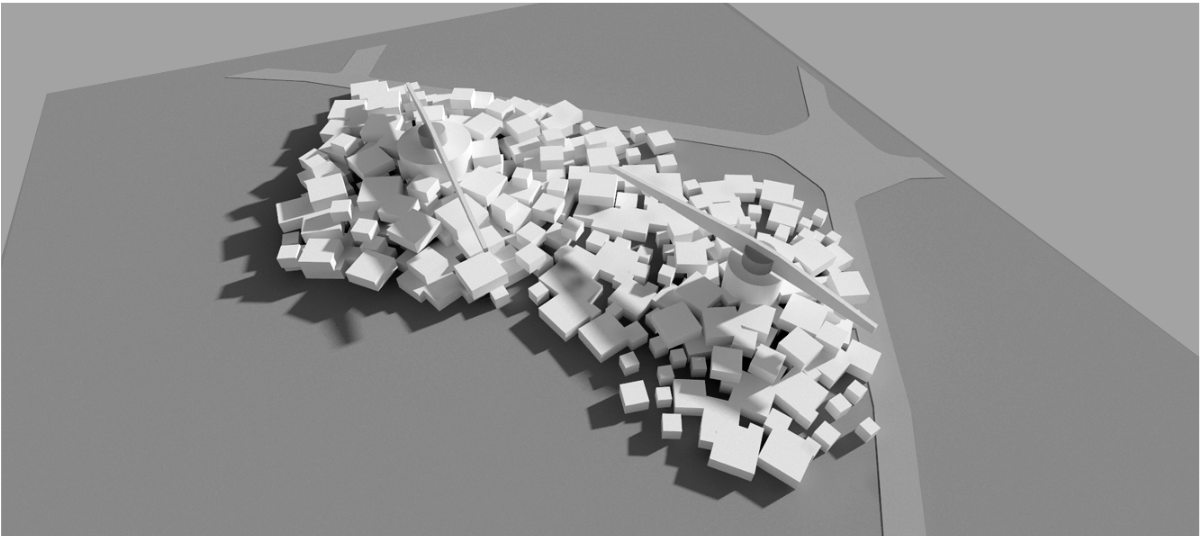 Clustered modular volumes forming a futuristic urban workspace layout.