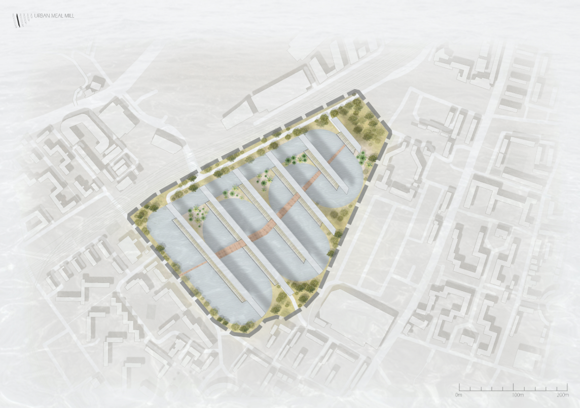 Site plan rendering showing five parallel sawtooth-roofed volumes surrounded by tree-lined perimeter in urban context