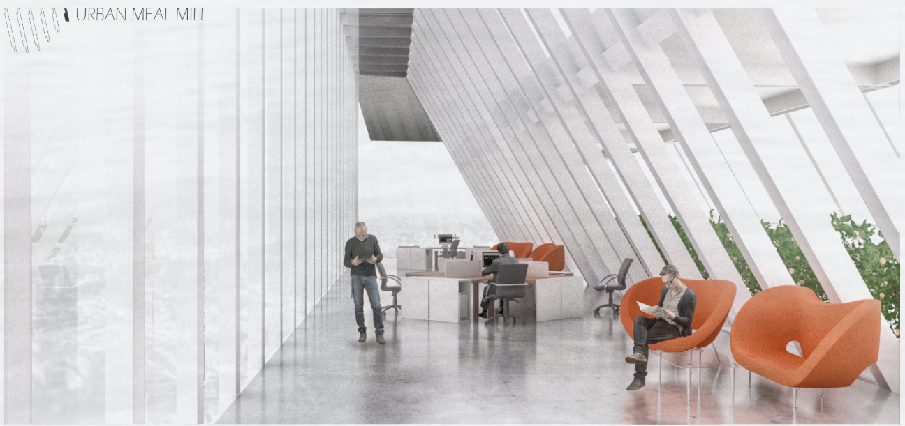 Interior workspace with slanted glazing, vertical planting beds, orange seating, and person standing at workstation