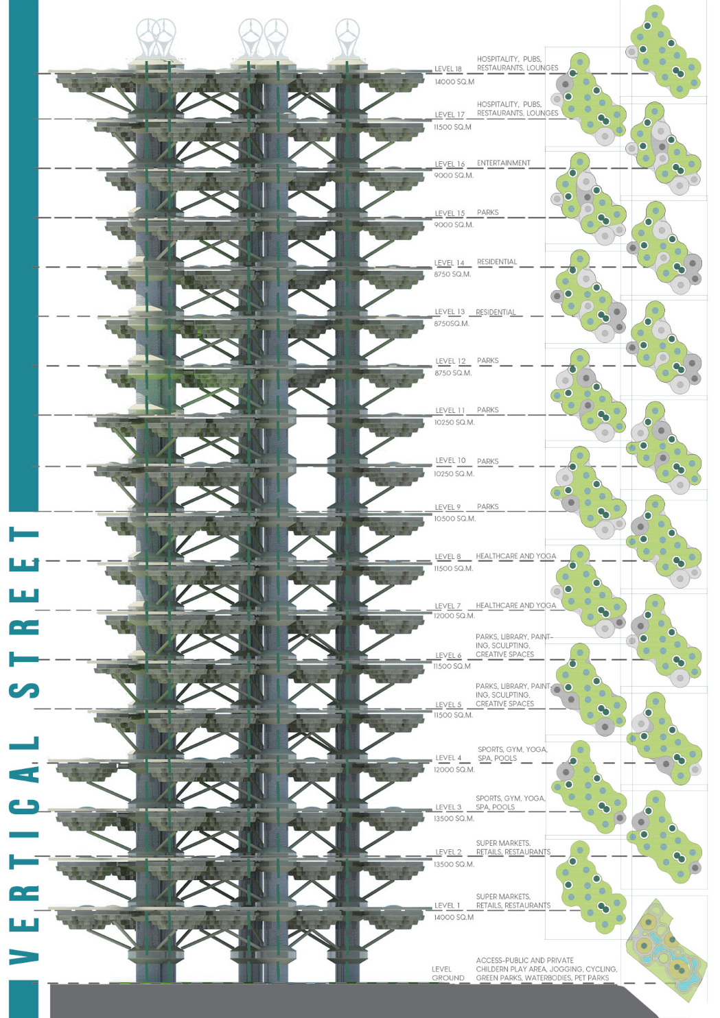 Section drawing of multi-story vertical structure with exposed bracing and organic pod modules on each level