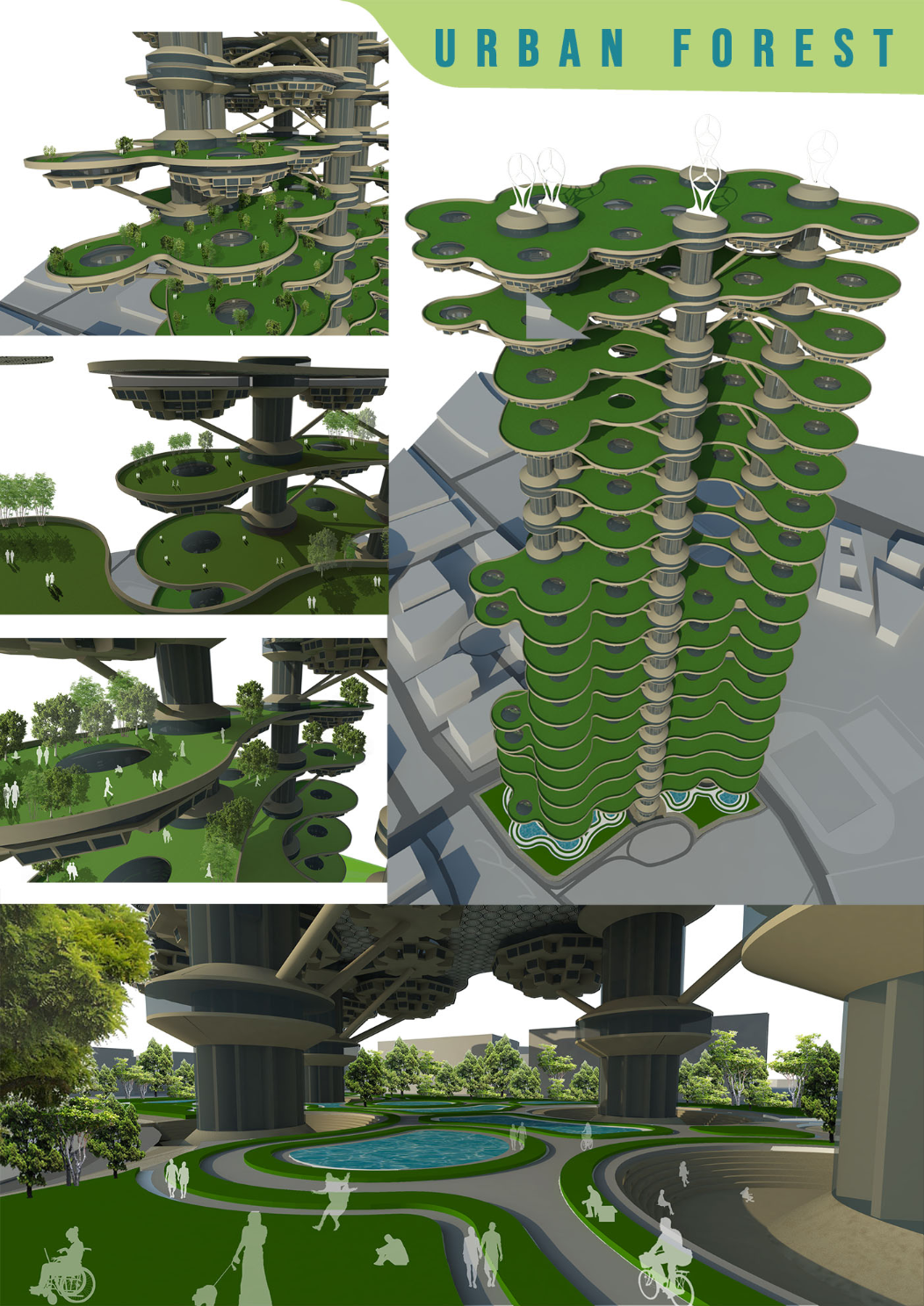 Architectural rendering showing a vertical tower with stacked green planted floors spiraling around a central concrete core