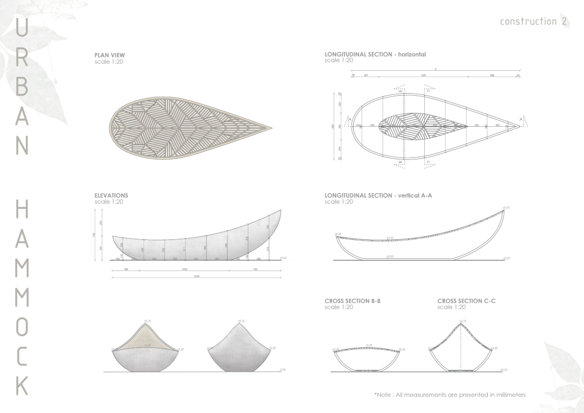 Detailed architectural plans and sections of the Urban Hammock showcasing its fluid form and precision.
