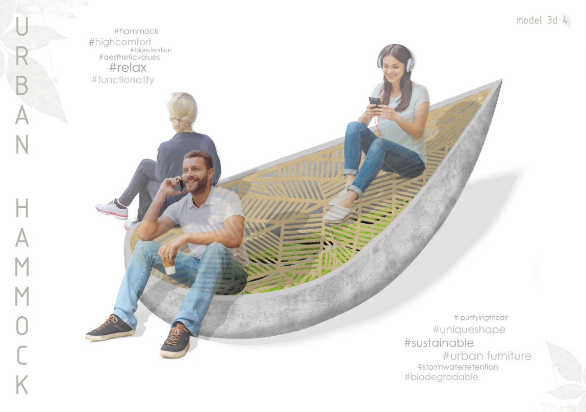 A multifunctional bench-hammock inviting relaxation and social interaction in urban public spaces.