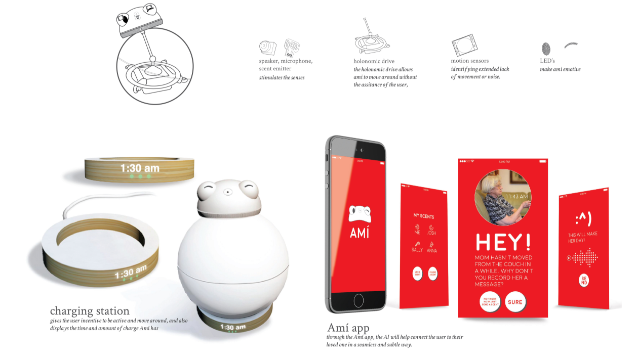 A smart companion with a charging dock, motion sensors, and a mobile app that connects seniors to loved ones.