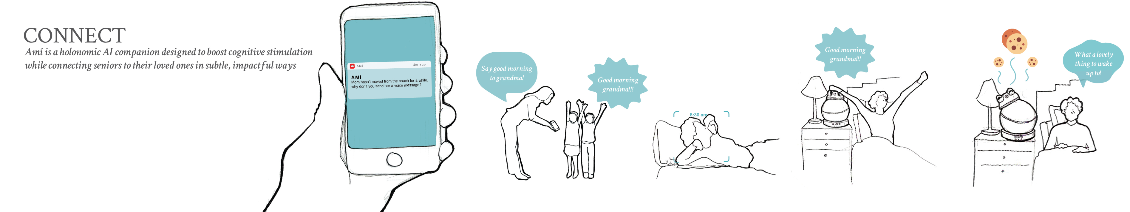 Ami boosts cognitive stimulation by encouraging family interactions and sensory engagement throughout the day.