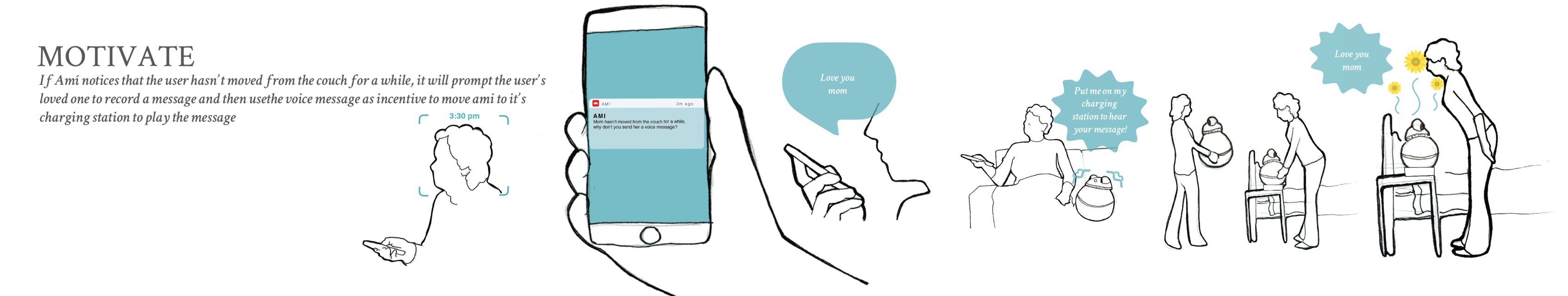 Ami encourages movement by using family-recorded voice messages and scent cues as gentle motivation.