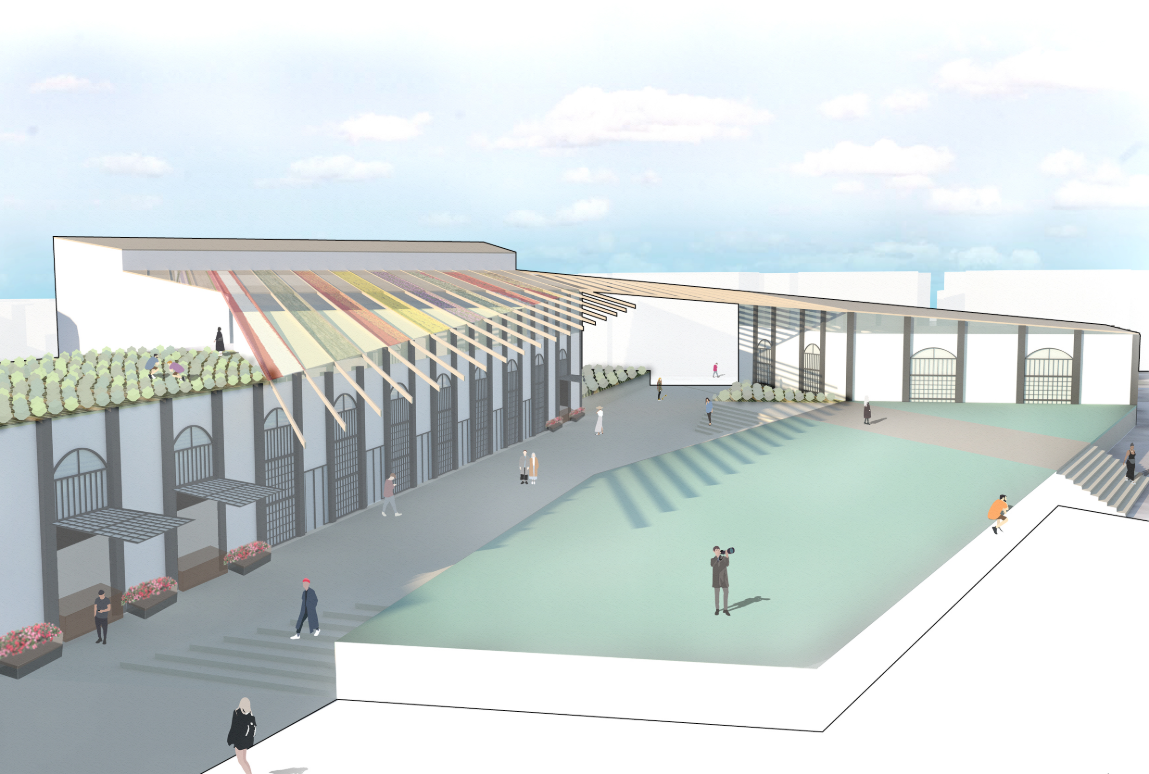 Flexible gathering areas connected with productive rooftops and shaded walkways.