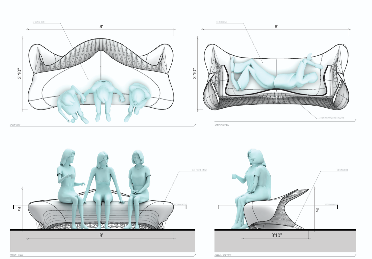 Structural diagrams show seating and shelter configurations in 3D-printed modular forms.