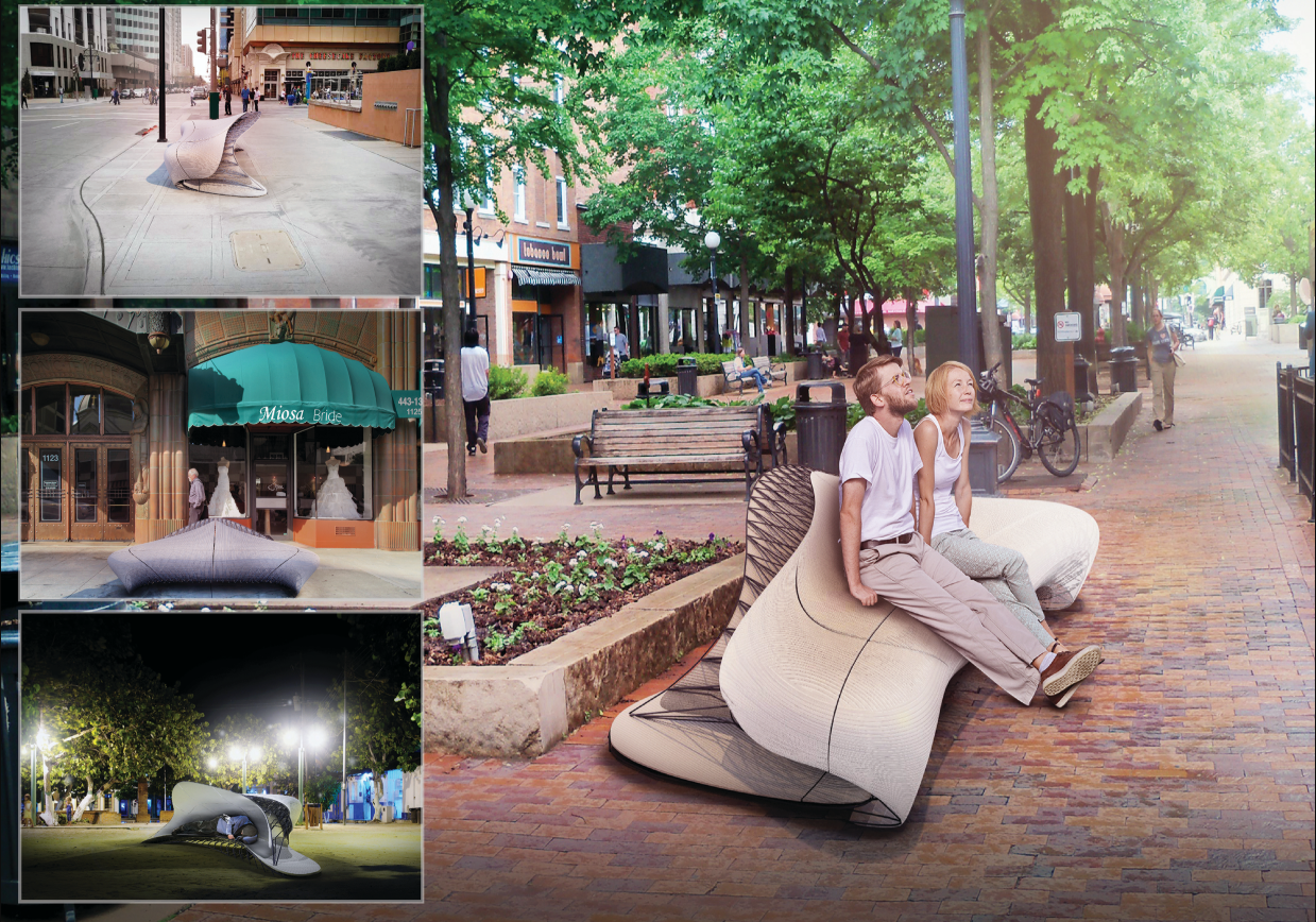 Good Shelter deployed in city streets, transforming hostile furniture into inclusive refuge.