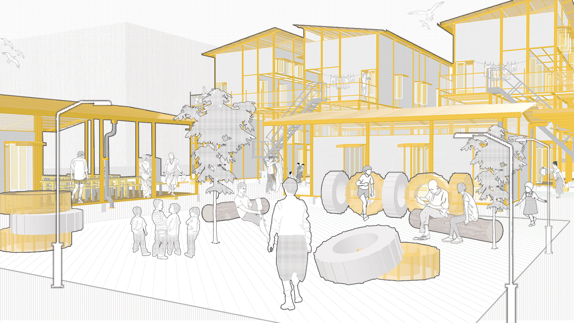 A lively courtyard buzzing with chatter, shared moments, and children at play , the soul of everyday community life.