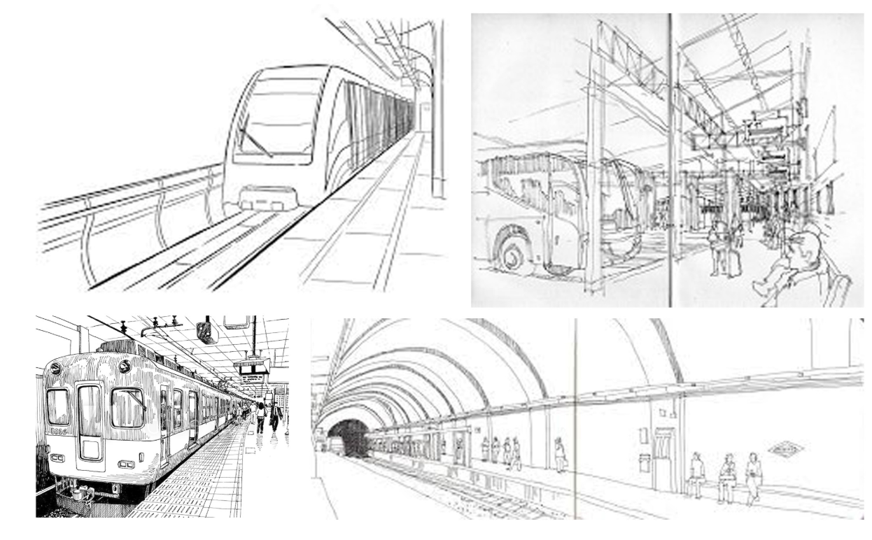 Sketch drawings of transit platforms and stations with trains and commuters