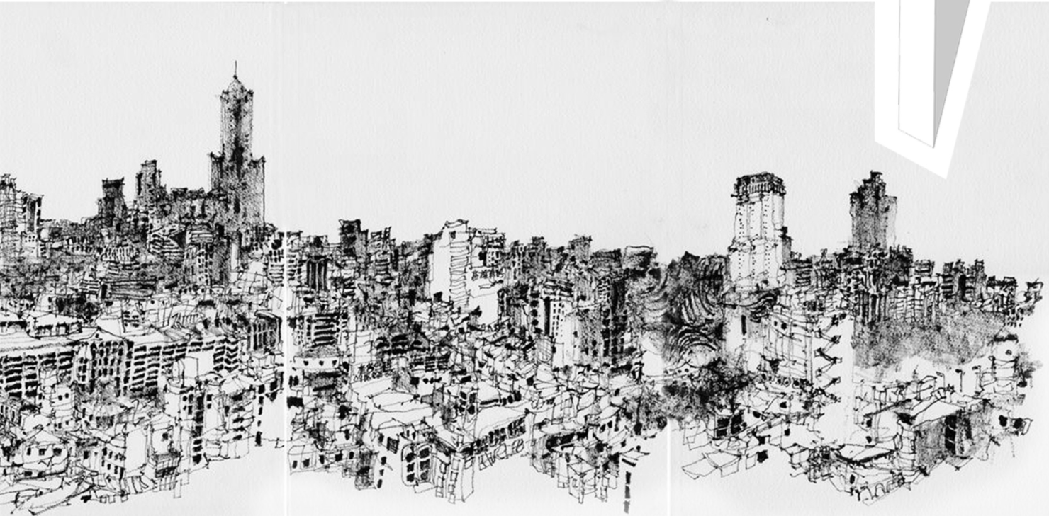 Ink drawing of a dense urban skyline with towers and fragmented structures