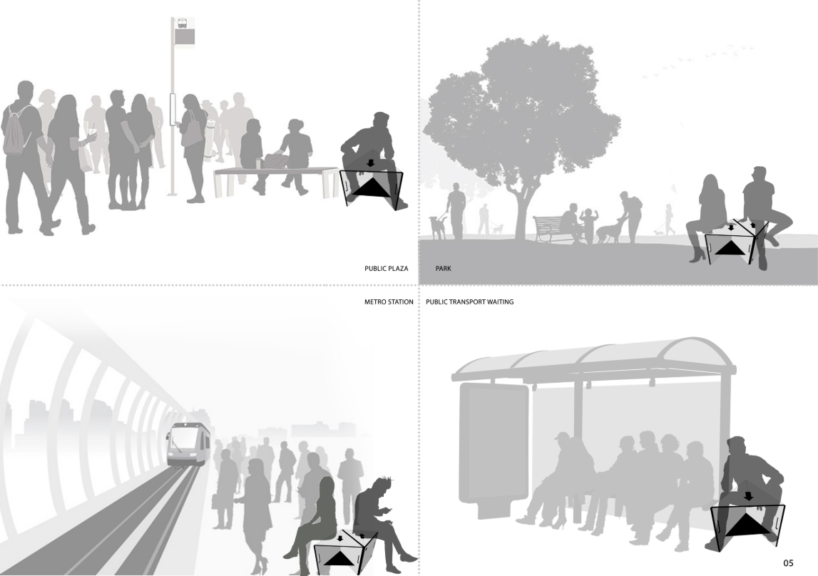 Section drawing showing portable seating modules in public plaza, park, and transit station contexts