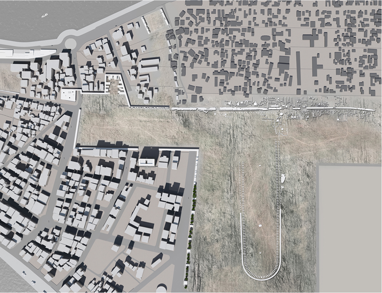 Aerial layout integrating ancient heritage with contemporary city fabric.