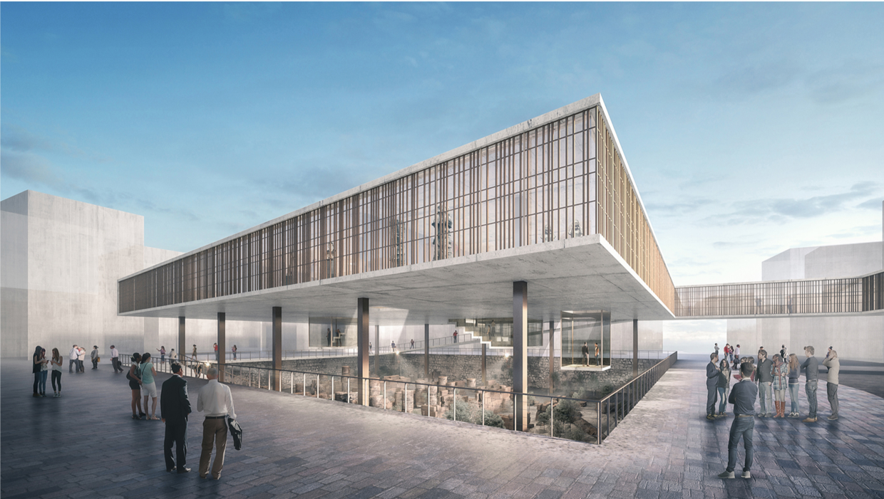 Floating architecture above heritage paths, merging past and future.