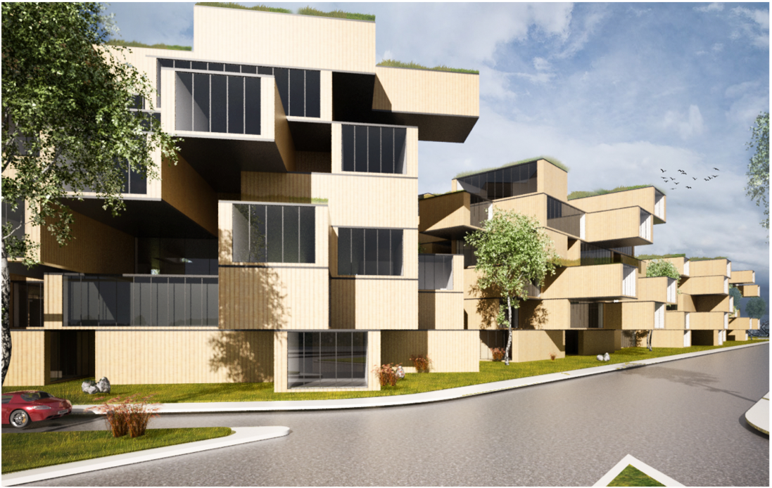 Dynamic stacked modules defining the architectural identity.