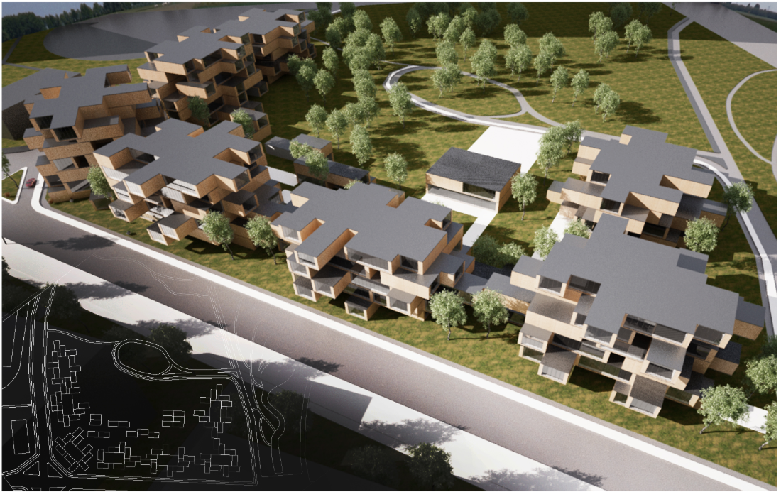 Organized modular clusters within a green urban context.