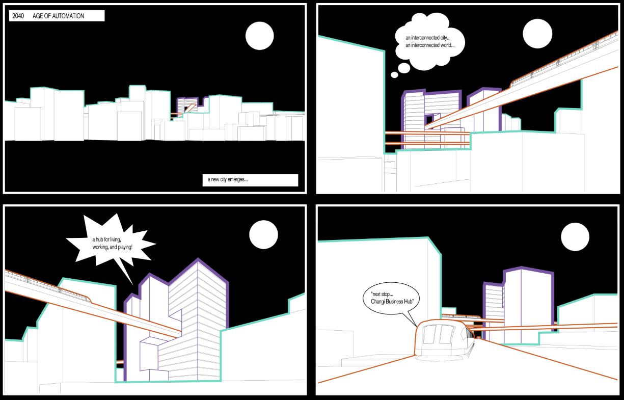 A futuristic skyline introduces an interconnected hub for living, working, and playing.