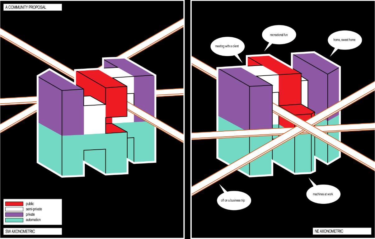 Layered spaces for public, private, and automated functions merge into one structure.