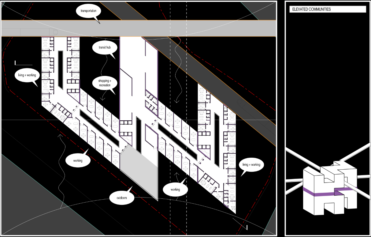 Integrated transit, living, and recreation define higher levels of the hub.