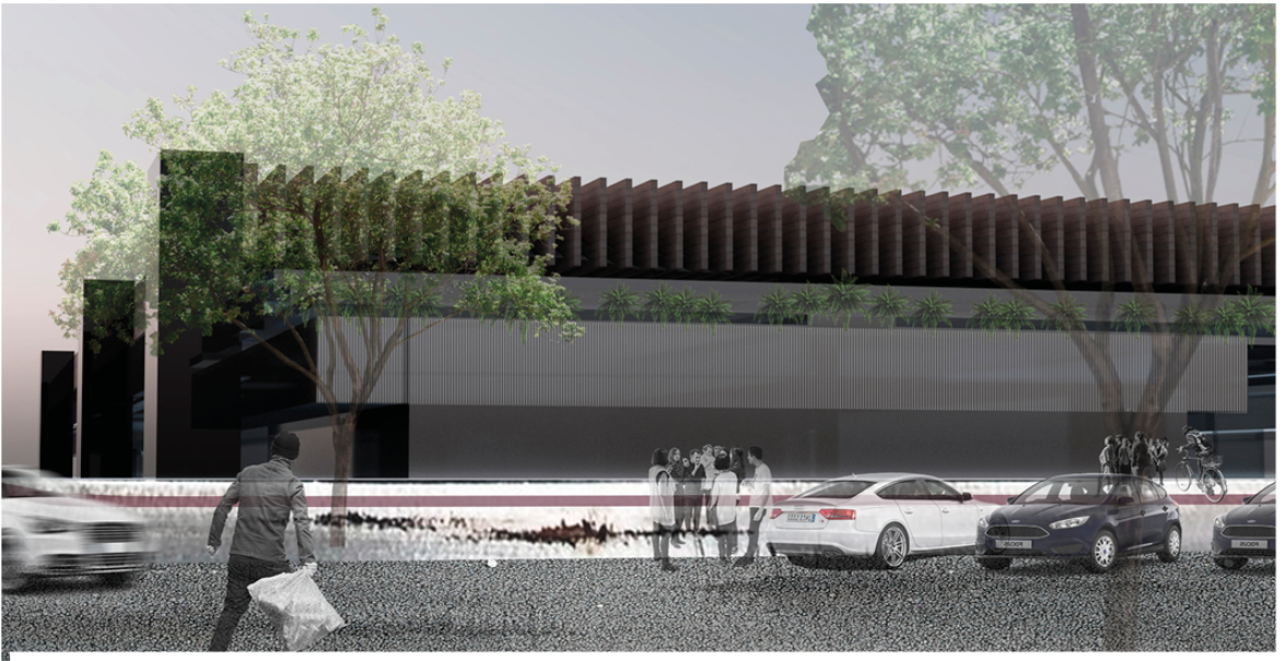 Exterior view of the Urban Meal Mine blending with the urban streetscape and pedestrian activity.