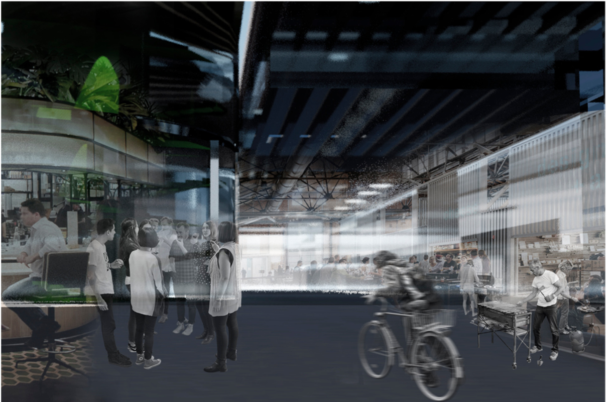 Dynamic indoor space combining markets, classrooms, and public interactions under a sustainable design.