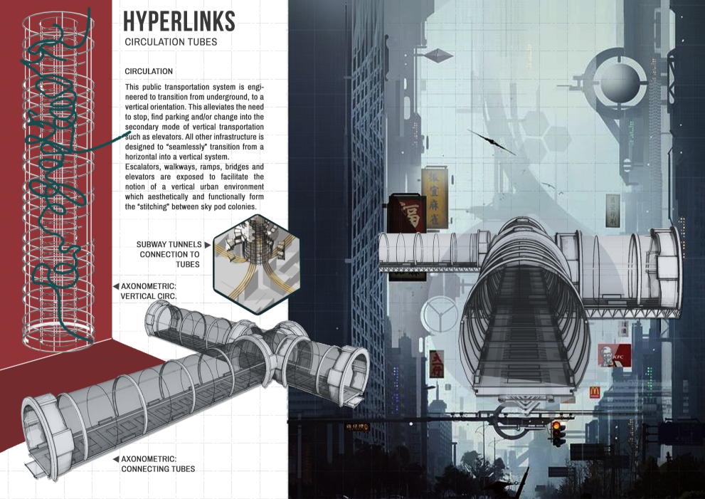 Vertical and horizontal circulation tubes connecting future cities seamlessly.