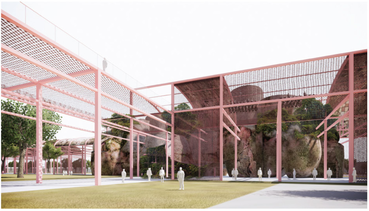 Pink steel mesh canopy extending over an open courtyard with ruins and figures in the distance
