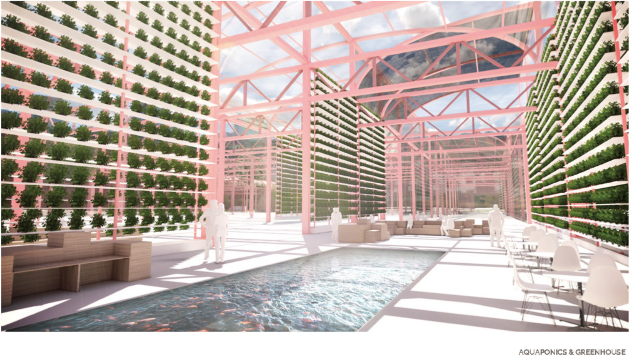 Interior view of the greenhouse with vertical hydroponic walls under pink steel trusses and glazed roof