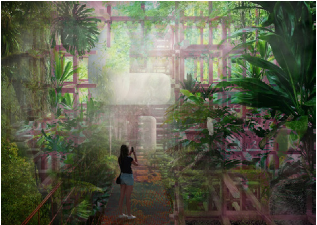 Stairway through dense tropical plantings within pink steel framing bathed in misty green light
