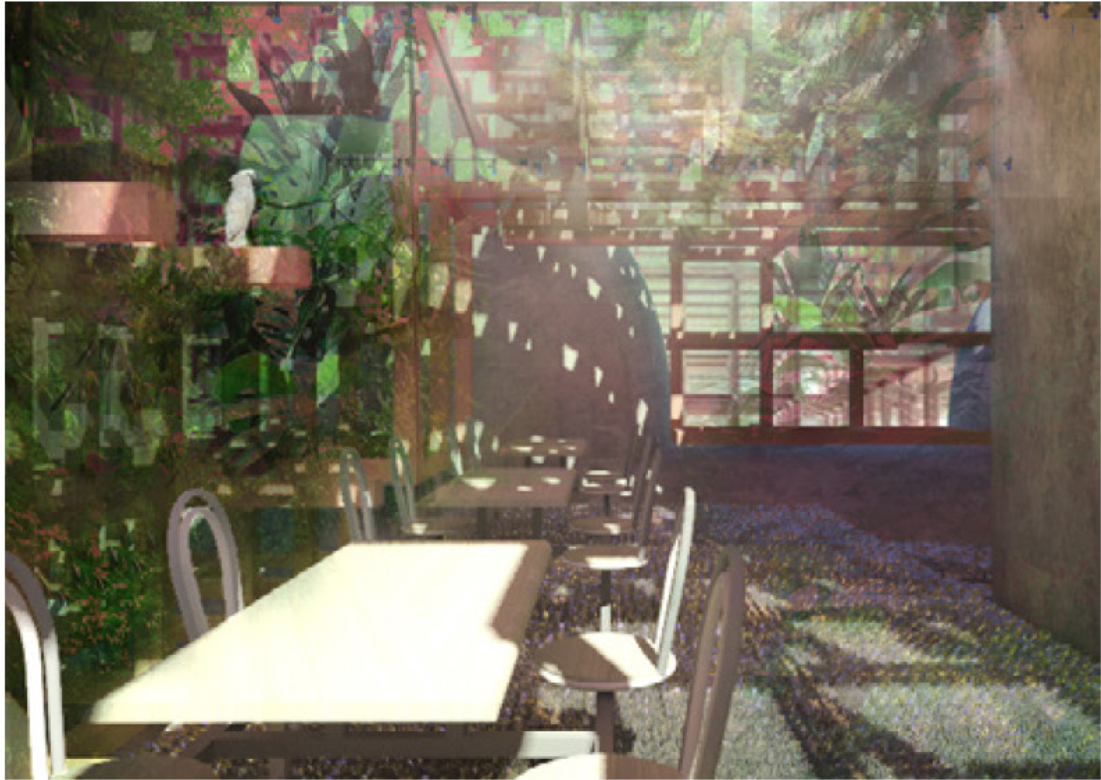 Dining area with white table and chairs under dappled sunlight filtering through overhead vegetation