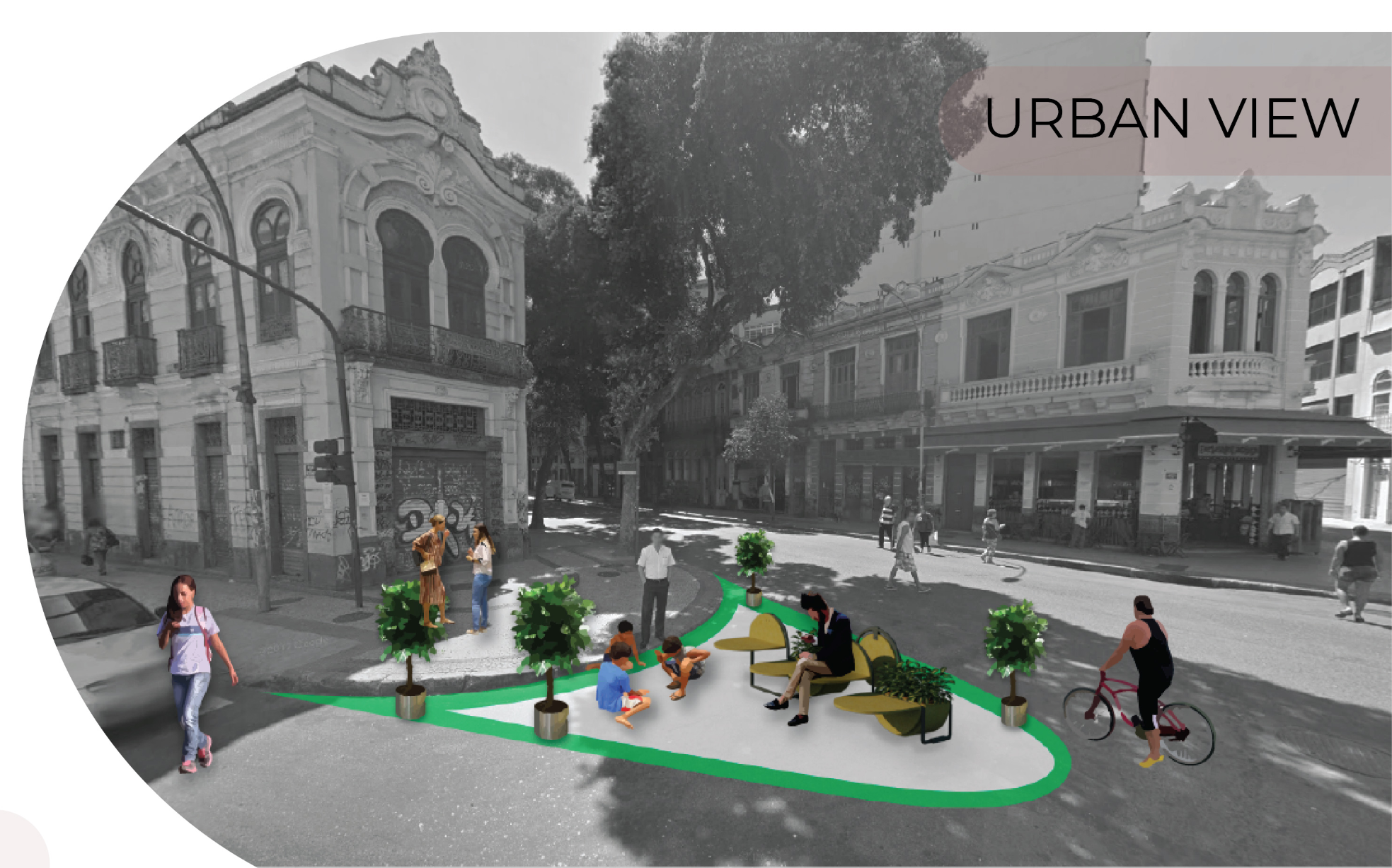 Modular furniture turns neglected corners into lively social and green spaces for people and cyclists.