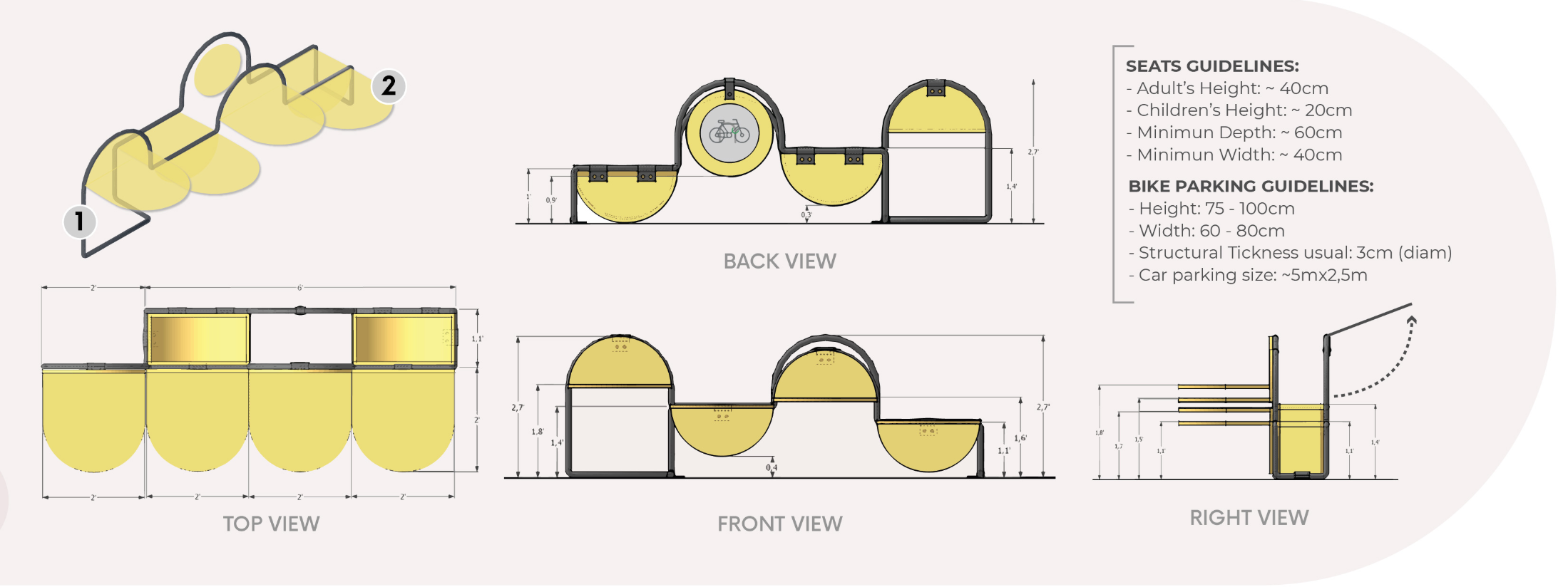 Adaptable seating and bike parking dimensions designed for flexible urban integration.