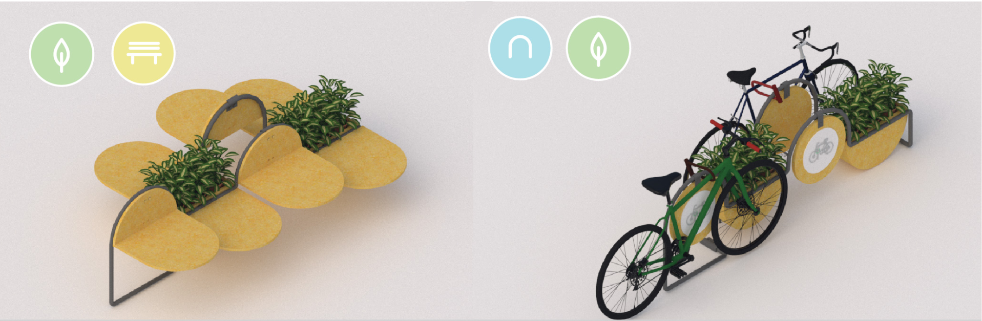 Scalable modules allow multiple setups for planting, seating, and secure bike parking.