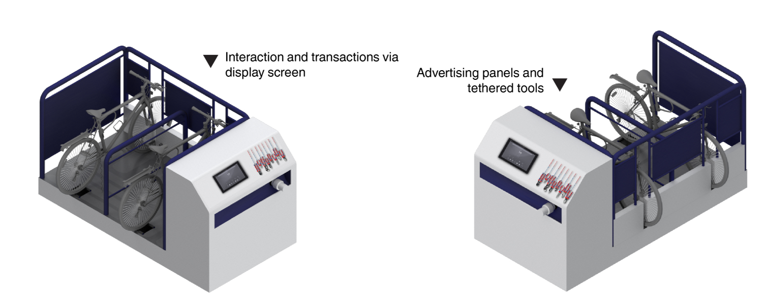 Modular docking units with interactive screens and integrated tools for cyclists.