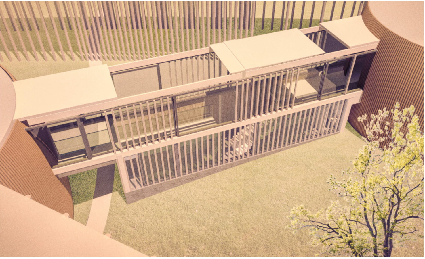 Flexible architecture integrating open and private workspaces with climate-responsive features.