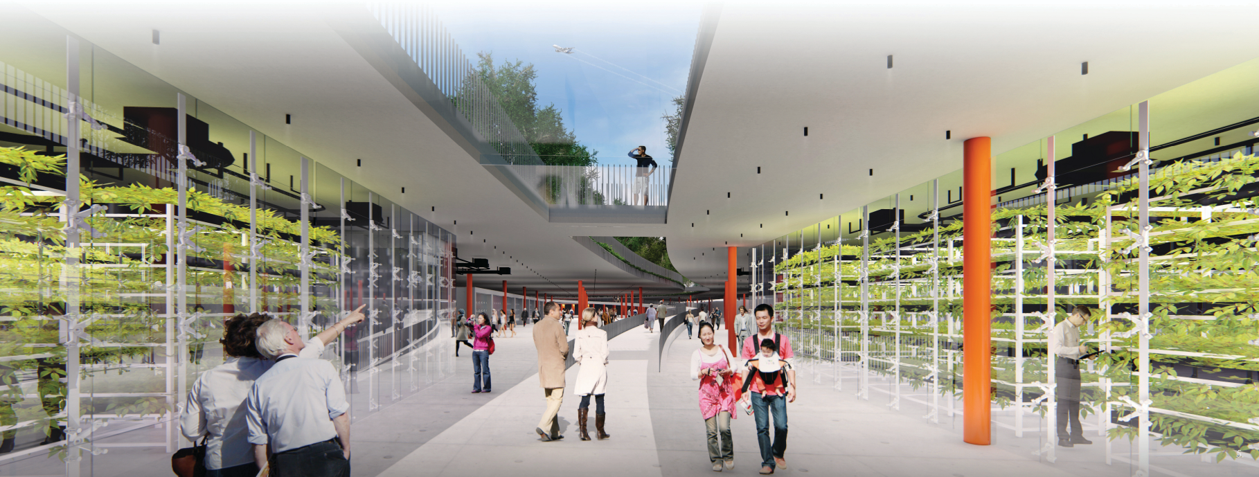 Interior perspective of vertical farming spaces integrated with public walkways.