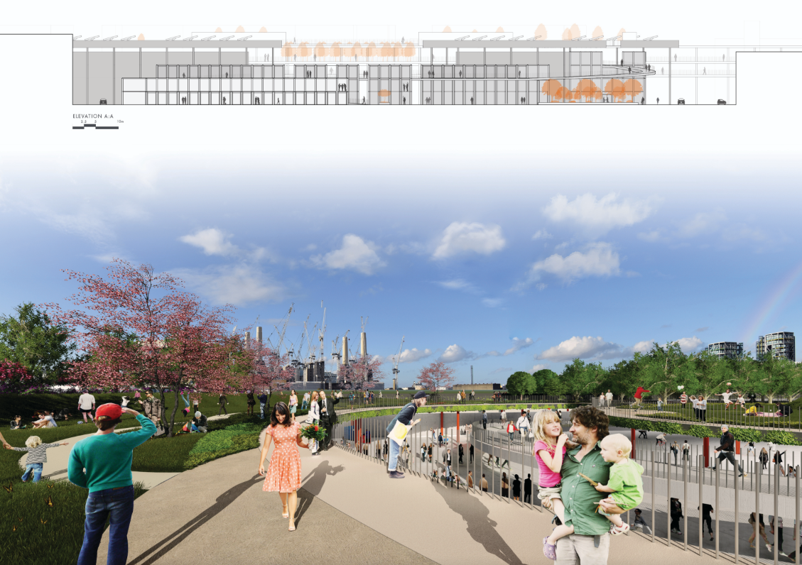 Outdoor promenade with landscaped green terraces connecting city and nature.