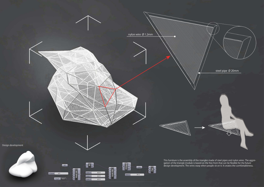 Modular steel and nylon construction showing form flexibility and user interaction.