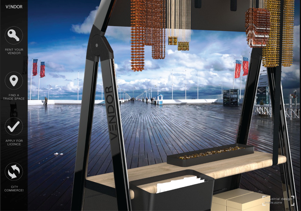 Modular urban furniture integrates seamlessly into Tricity’s promenade, giving vendors a dignified and organized trade space.