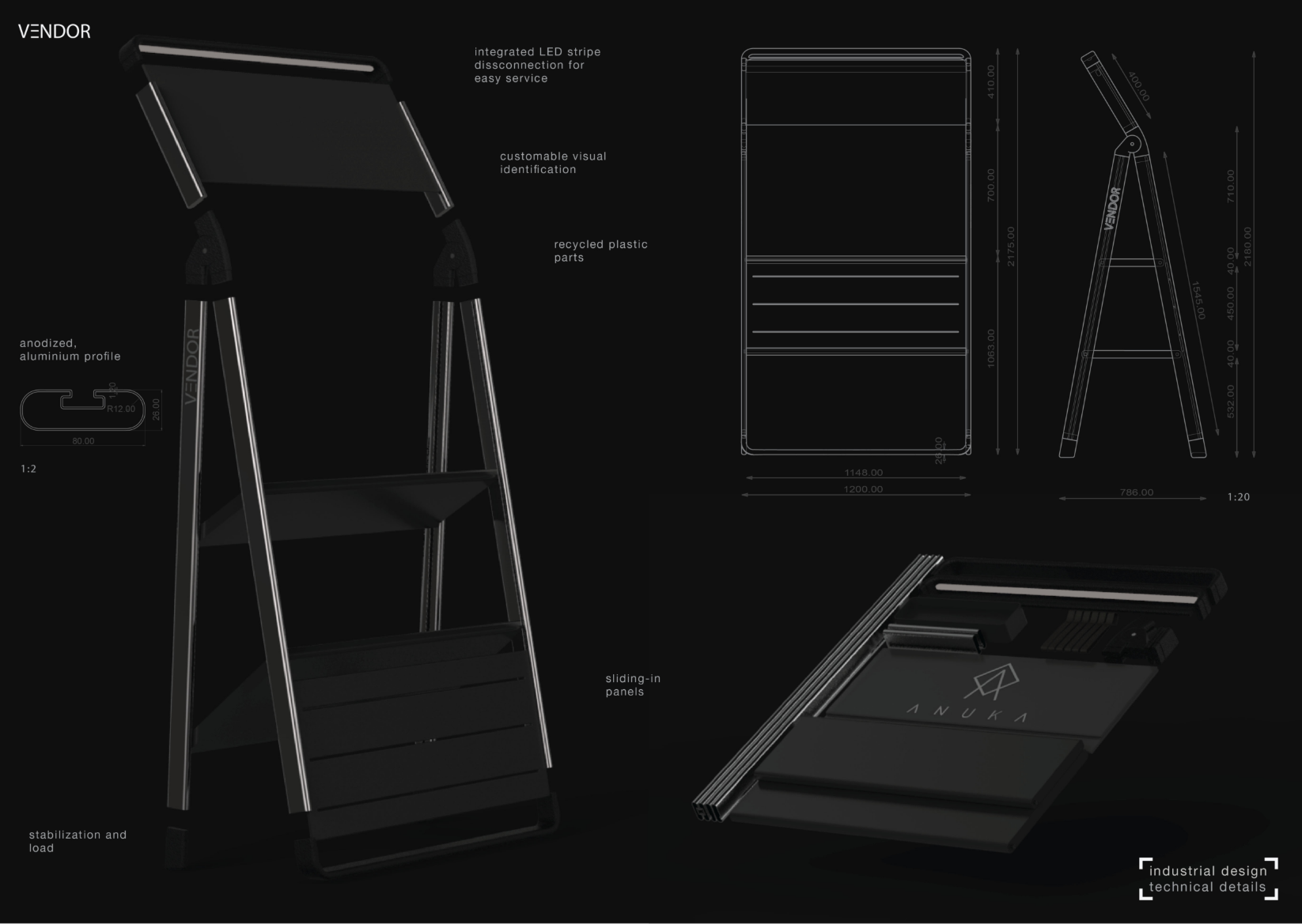Detailed technical drawings showcase Vendor’s sustainable materials, sliding panels, and customizable structure for flexible use.