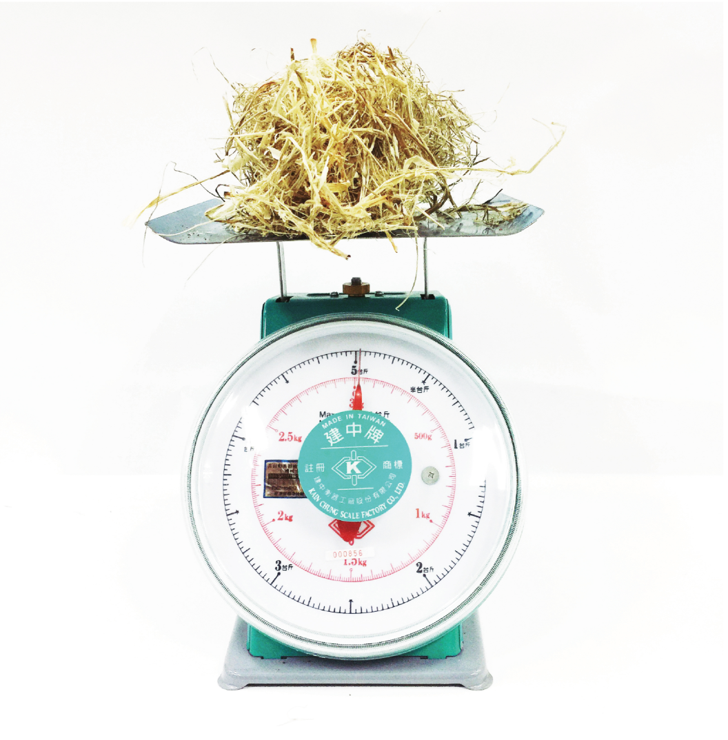 Vintage teal kitchen scale with a mound of dried straw placed on the weighing platform