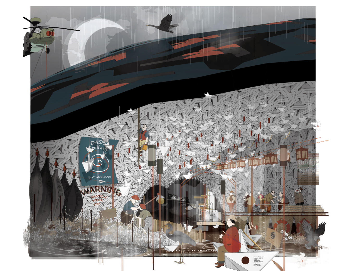 Layered collage showing a textured facade with warning signage, helicopter, and birds flying through falling rain