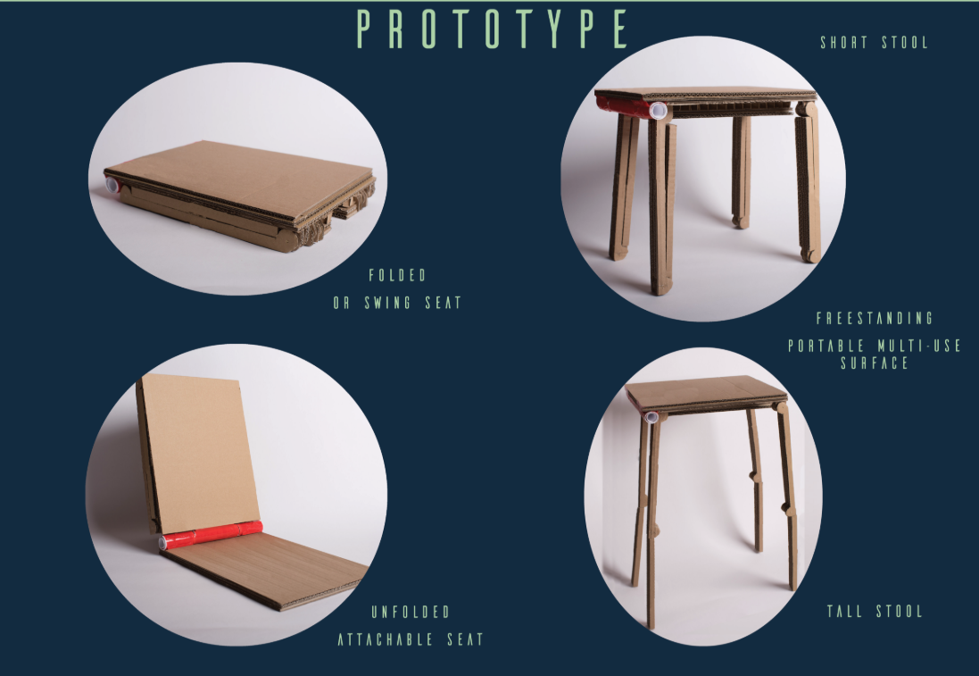 Cardboard models exploring foldable stools, attachable seats, and portable surfaces.